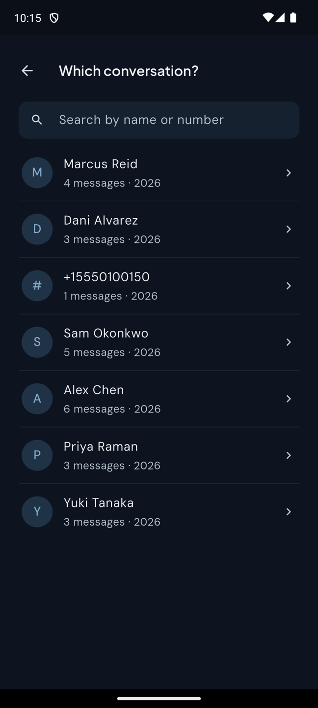 KeepText's conversation picker, headed Which conversation? A search field, then a list of conversations by contact name with a message count and year against each.